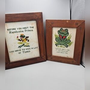 MCM Wood Framed Frog Cross Stitch Art Work Kiss Toads Before Prince Eat Bugs Vtg